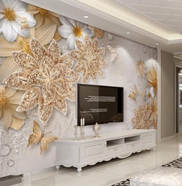 Wallpaper berkilauan dengan motif bunga emas